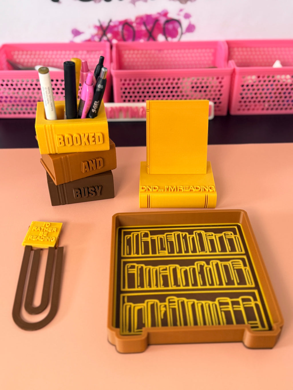Booked & Busy Desk Set | FULL 4 PC SET | Pen Holder, Phone Stand, Tray, Giant Paper Clip Bookmark