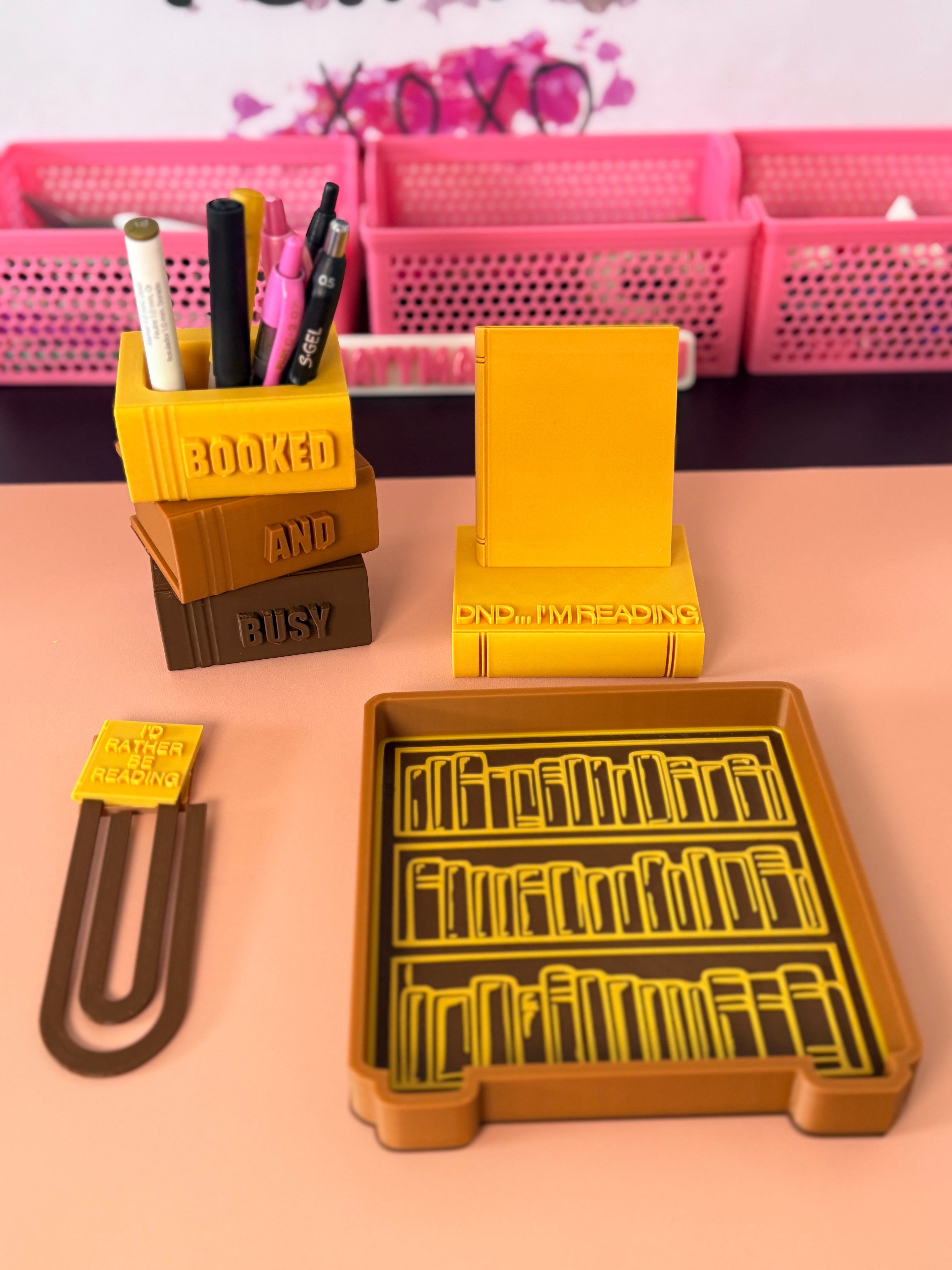 Booked & Busy Desk Set | FULL 4 PC SET | Pen Holder, Phone Stand, Tray, Giant Paper Clip Bookmark