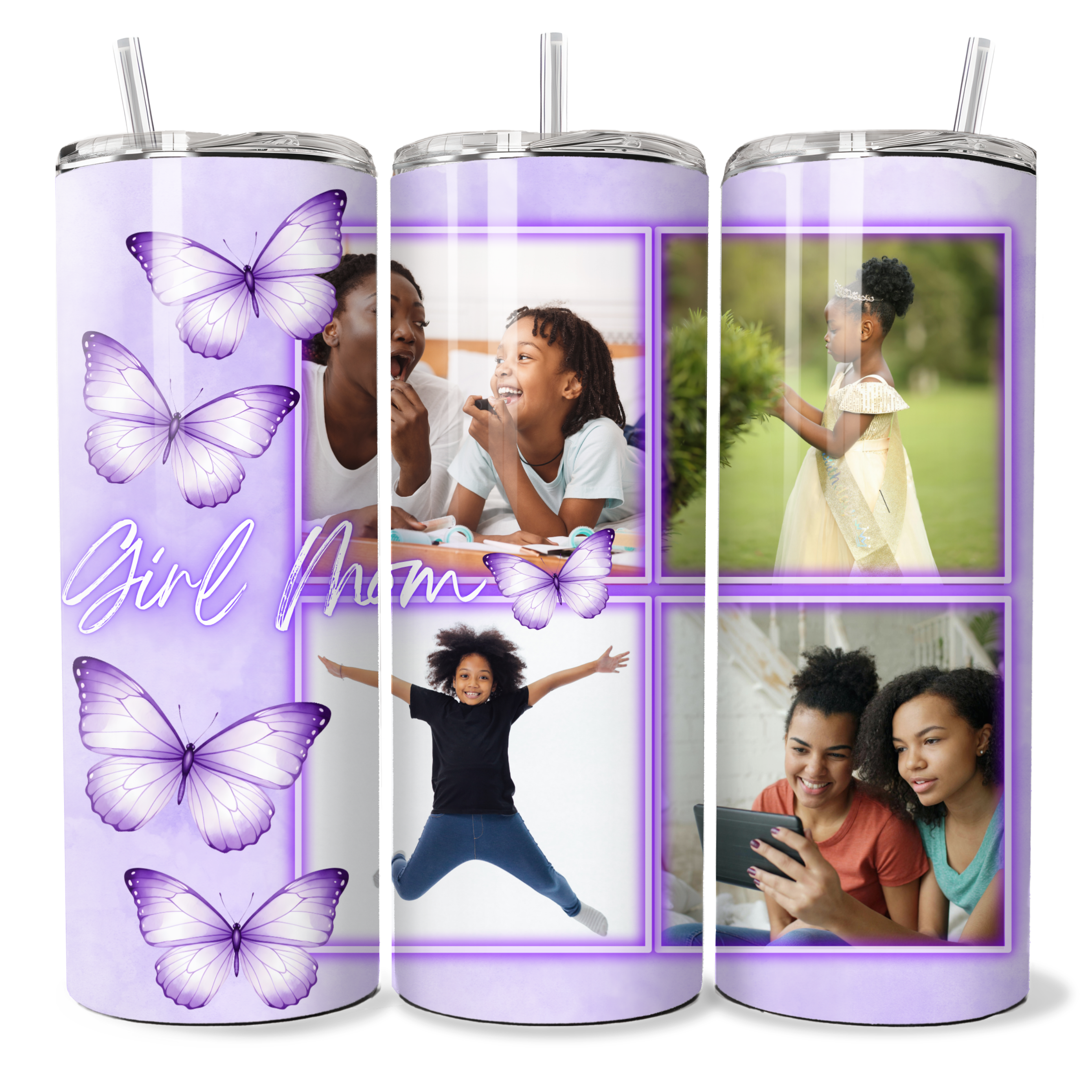 Three purple tumblers with butterfly designs and photos of people on a white background