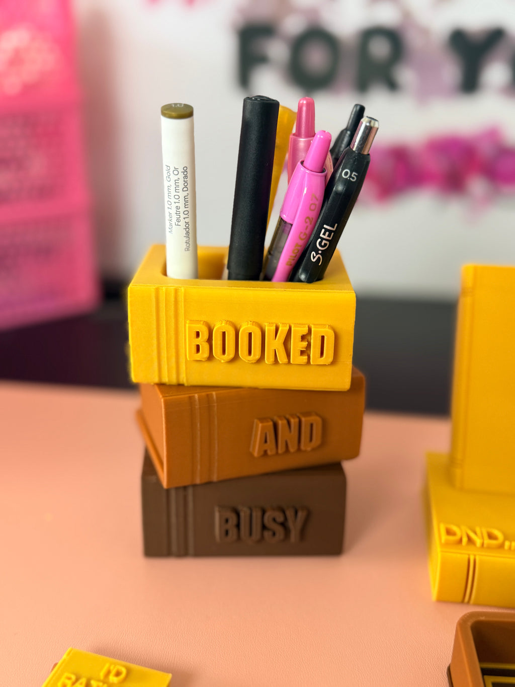 Booked & Busy Desk Set | FULL 4 PC SET | Pen Holder, Phone Stand, Tray, Giant Paper Clip Bookmark