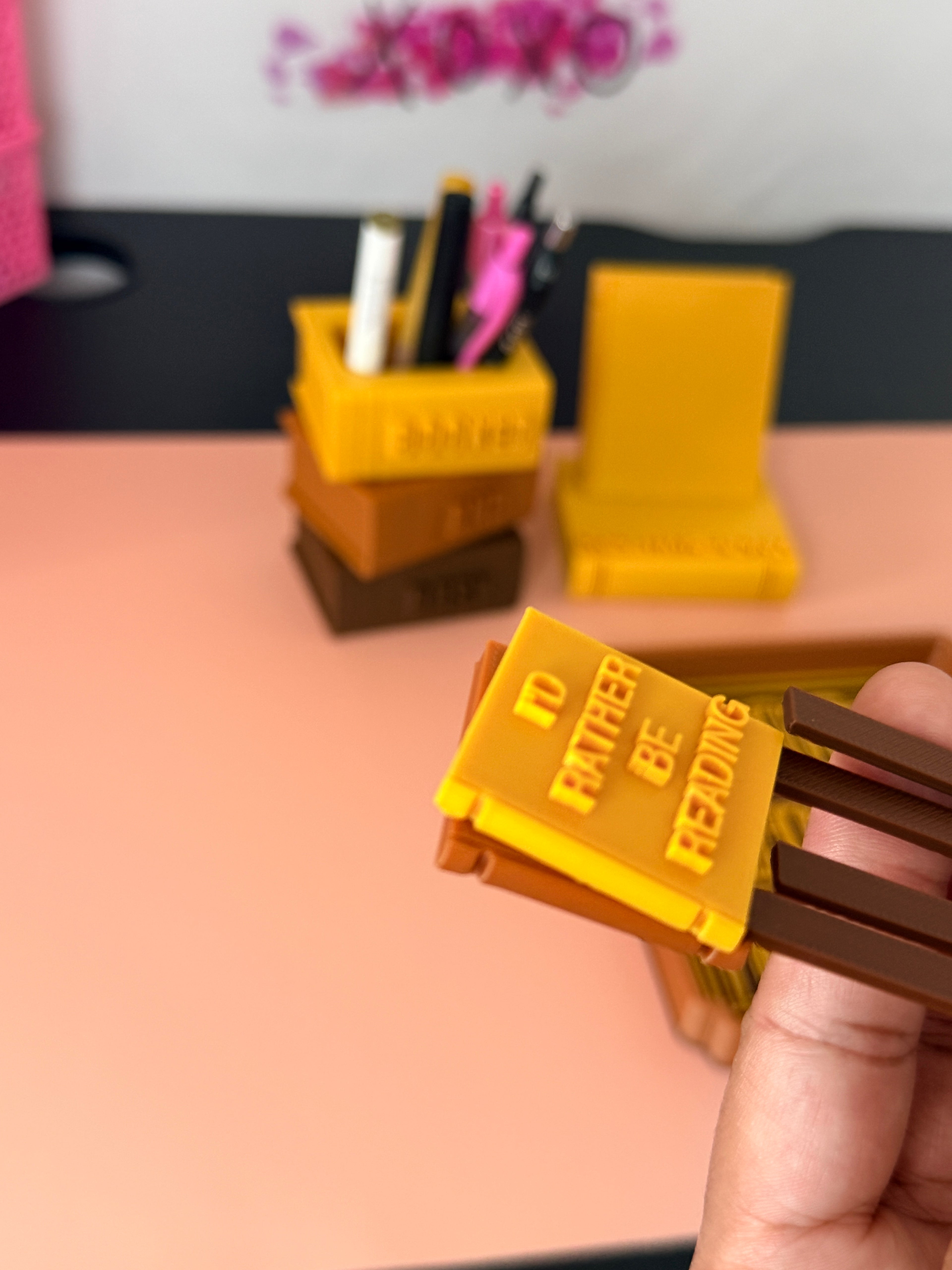 Booked & Busy Desk Set | FULL 4 PC SET | Pen Holder, Phone Stand, Tray, Giant Paper Clip Bookmark