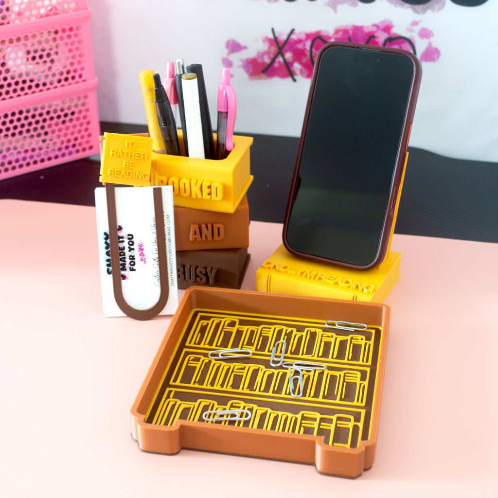 Booked & Busy Desk Set | FULL 4 PC SET | Pen Holder, Phone Stand, Tray, Giant Paper Clip Bookmark