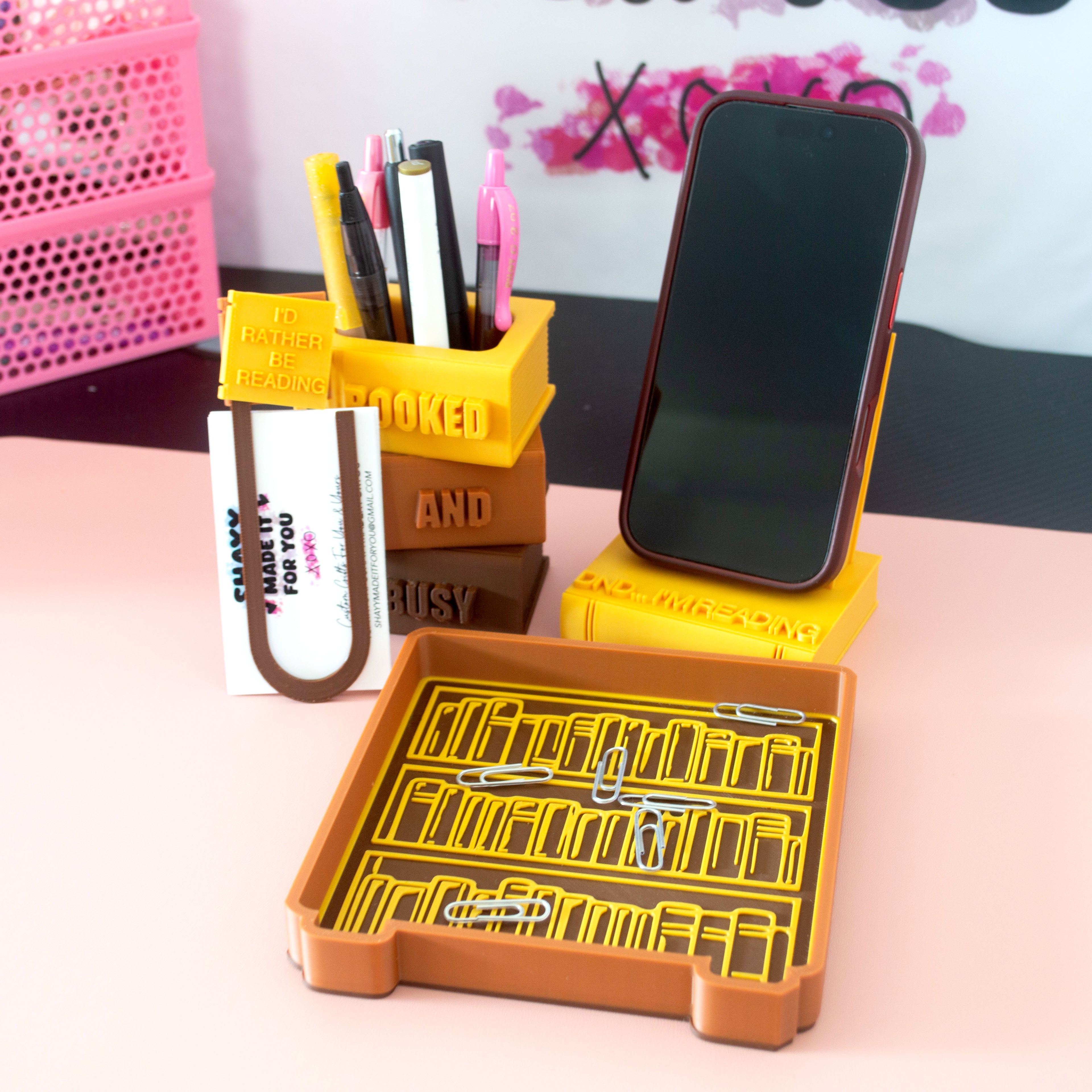 Booked & Busy Desk Set | FULL 4 PC SET | Pen Holder, Phone Stand, Tray, Giant Paper Clip Bookmark