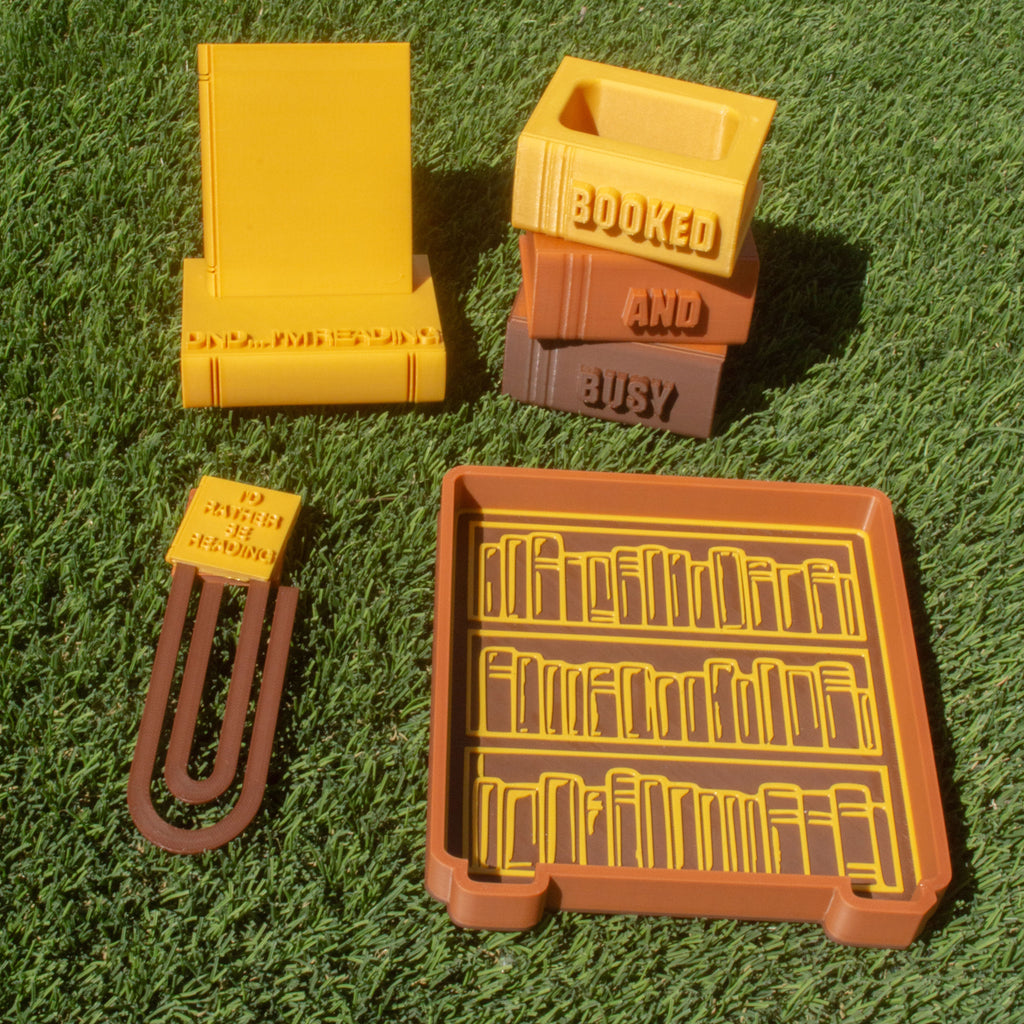 Booked & Busy Desk Set | FULL 4 PC SET | Pen Holder, Phone Stand, Tray, Giant Paper Clip Bookmark