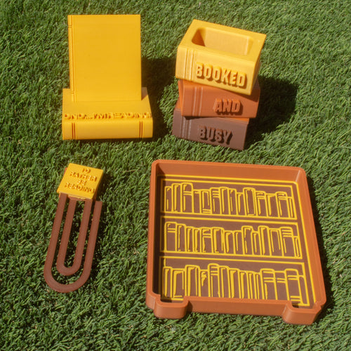 Booked & Busy Desk Set | FULL 4 PC SET | Pen Holder, Phone Stand, Tray, Giant Paper Clip Bookmark