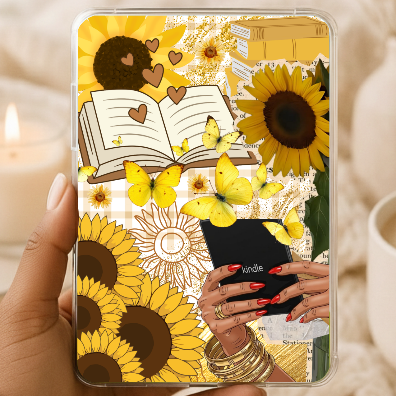 Phone case with sunflower design held by a hand, with a cozy background of a candle, cup of coffee, and decorative items.
